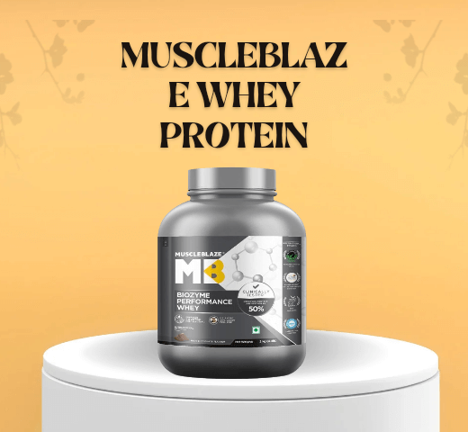 Muscleblaze Whey Protein Review jar place on white stand 