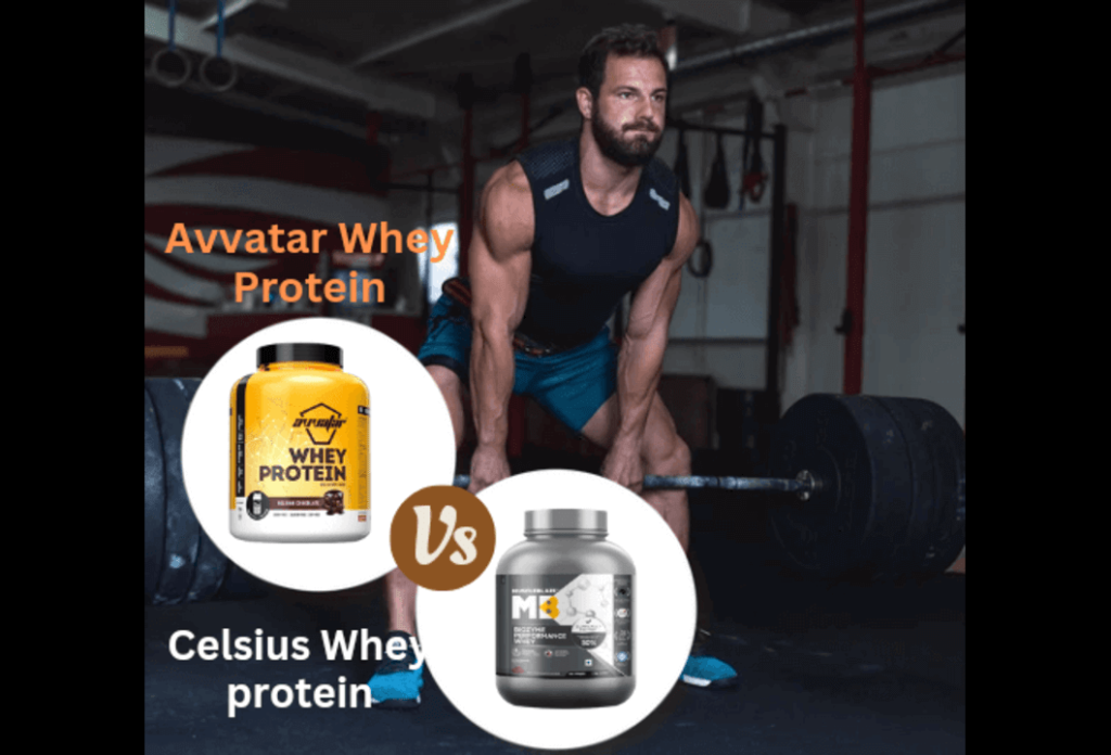 Graphic of Avvatar whey protein vs Muscleblaze and Gym person in background